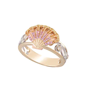 14k 3/tone Shell Ring with 4 Diamonds and 48 Colored Sapphires