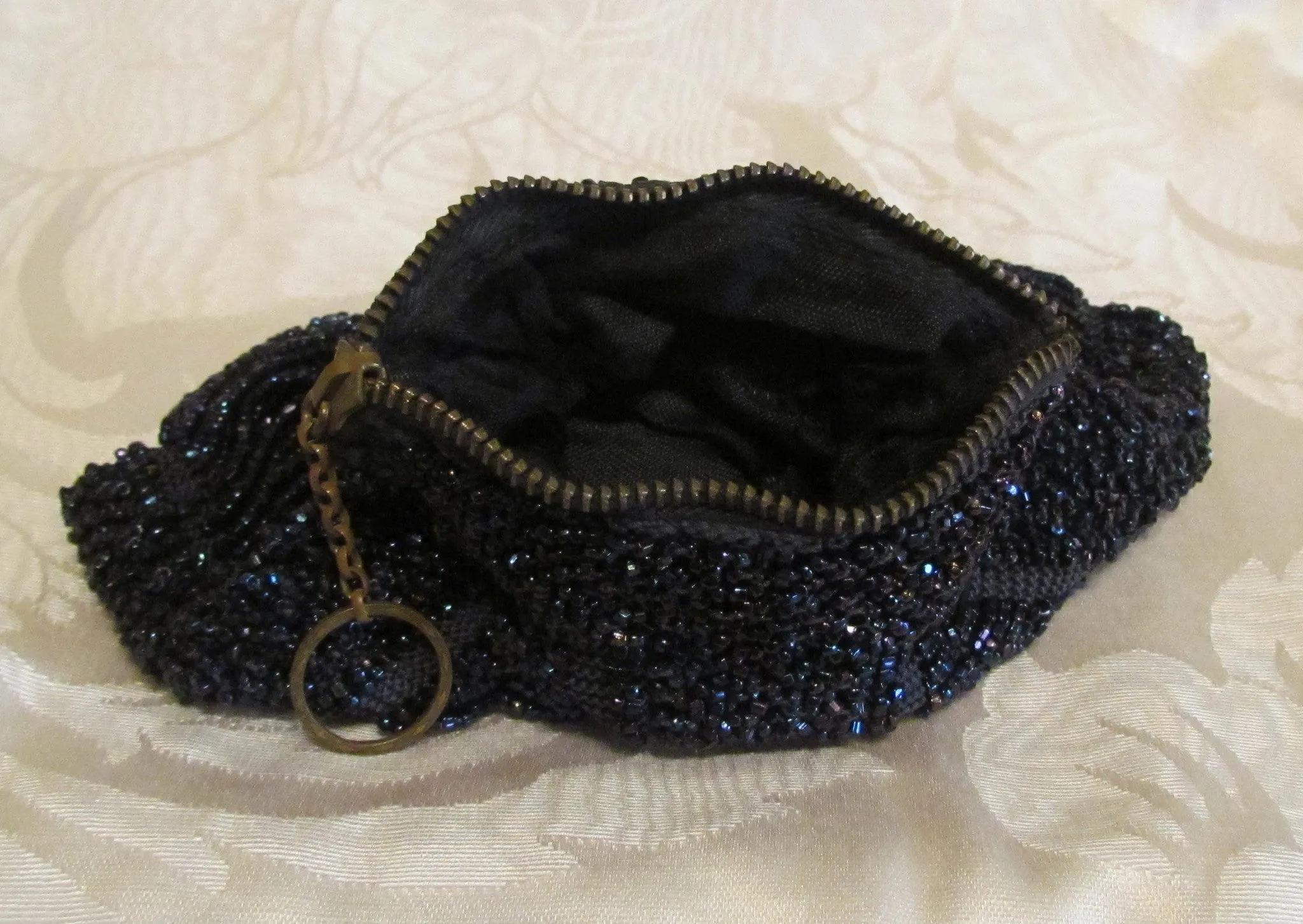 1920s Black Bead Purse Antique Finger Ring Black Iridescent Beaded Bag