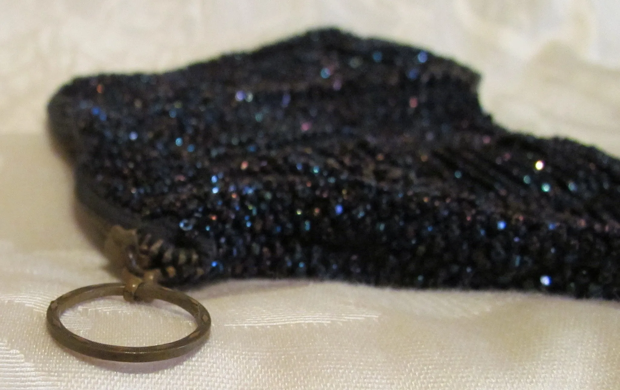 1920s Black Bead Purse Antique Finger Ring Black Iridescent Beaded Bag