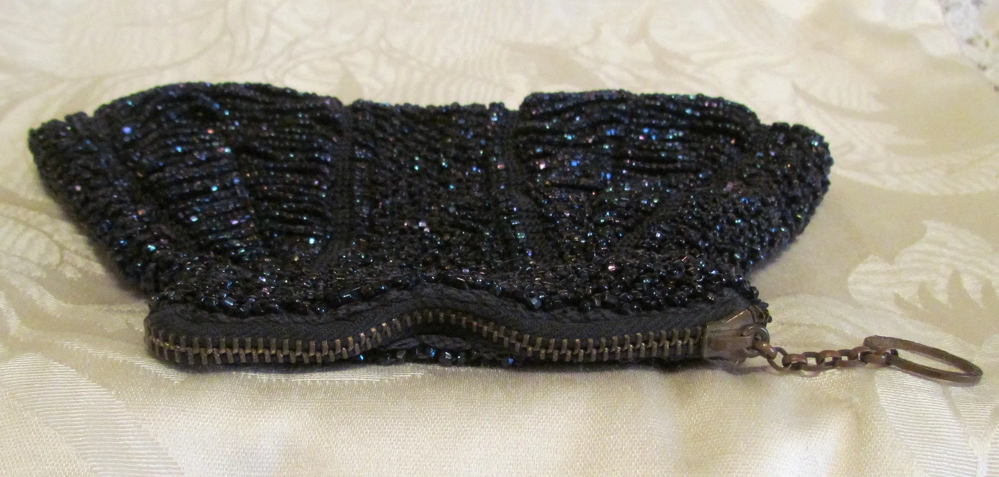 1920s Black Bead Purse Antique Finger Ring Black Iridescent Beaded Bag