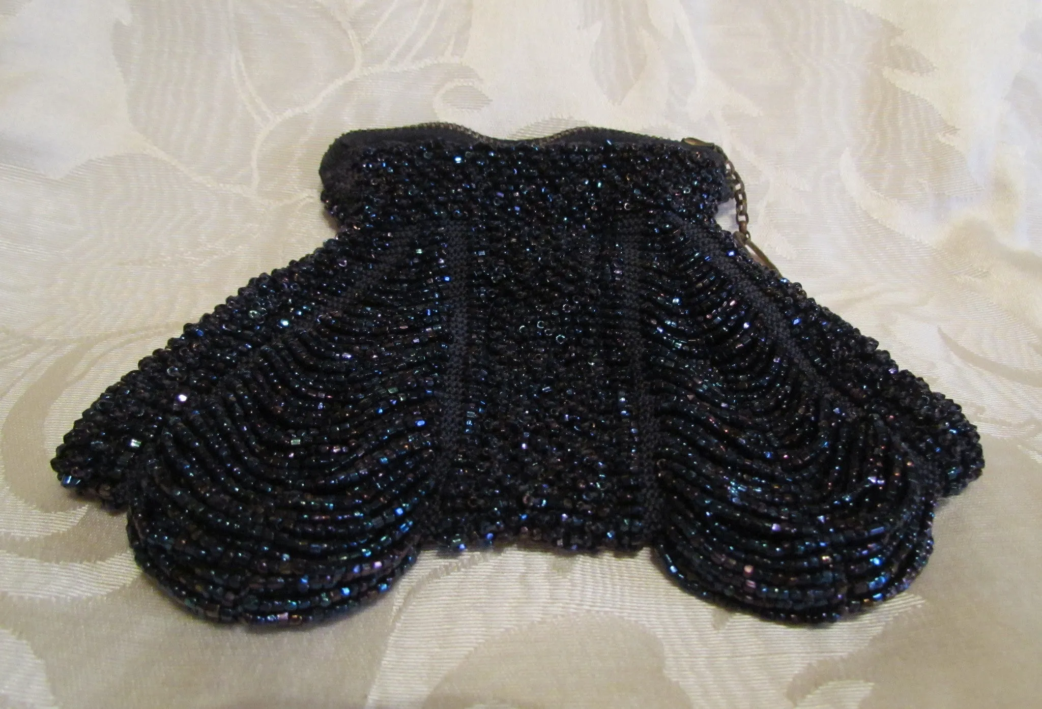 1920s Black Bead Purse Antique Finger Ring Black Iridescent Beaded Bag