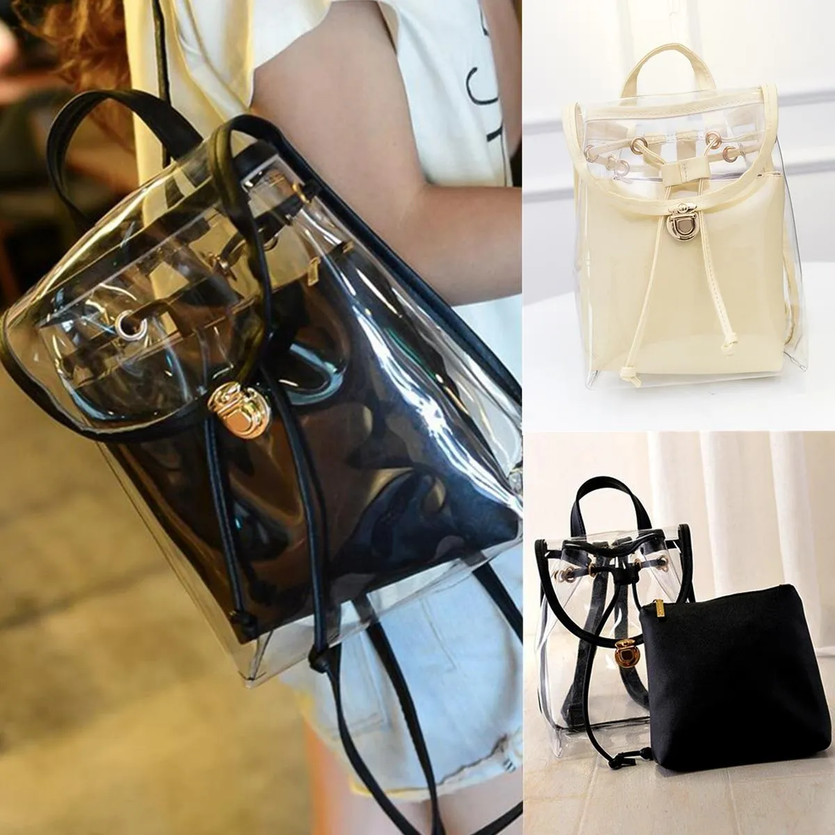 2 in 1 Clear Girl Transparent Fashison Backpack Satchel Women Jelly Beach Tote School