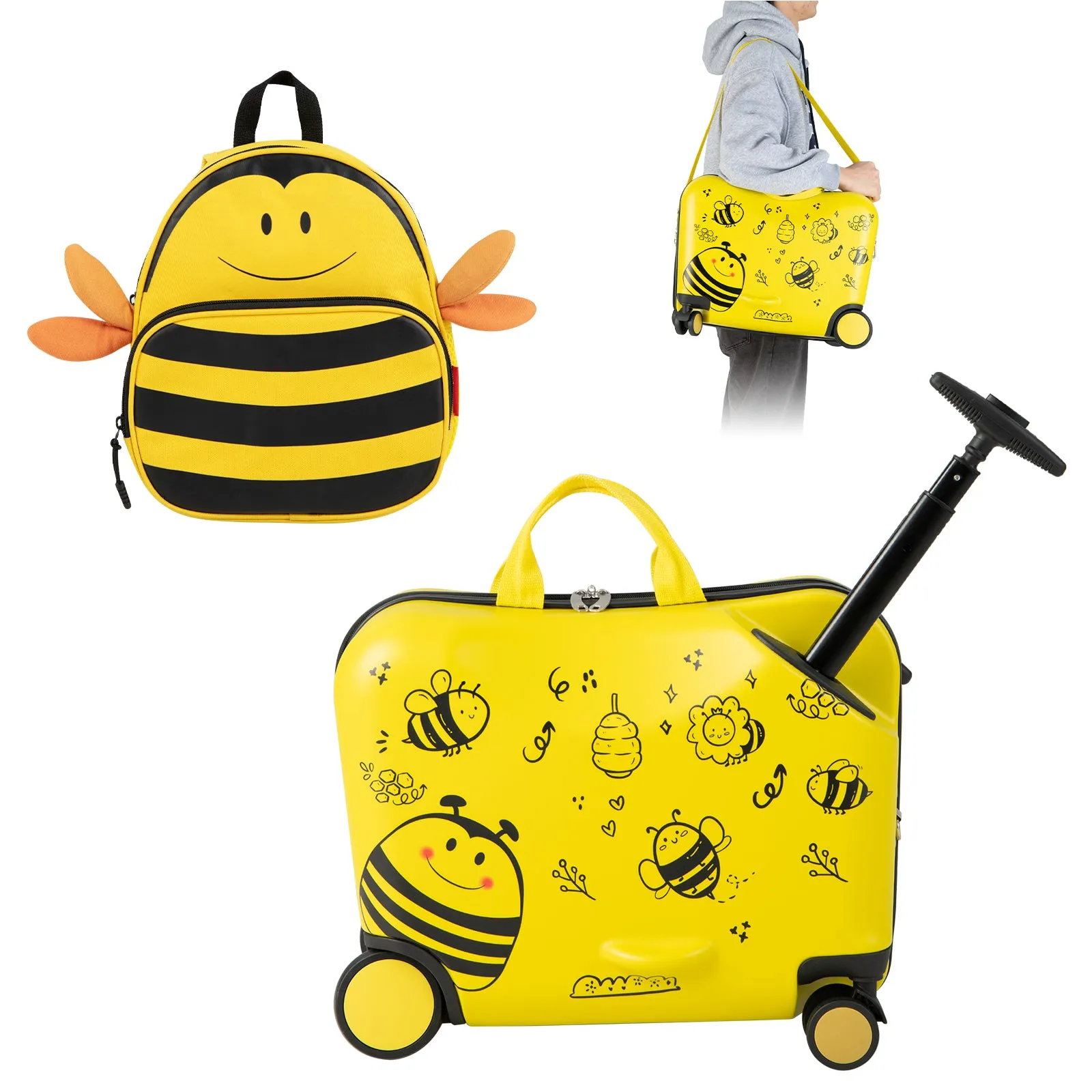 2 Pieces Kids Luggage Set with Spinner Wheels and Anti-Lose Rope-Yellow