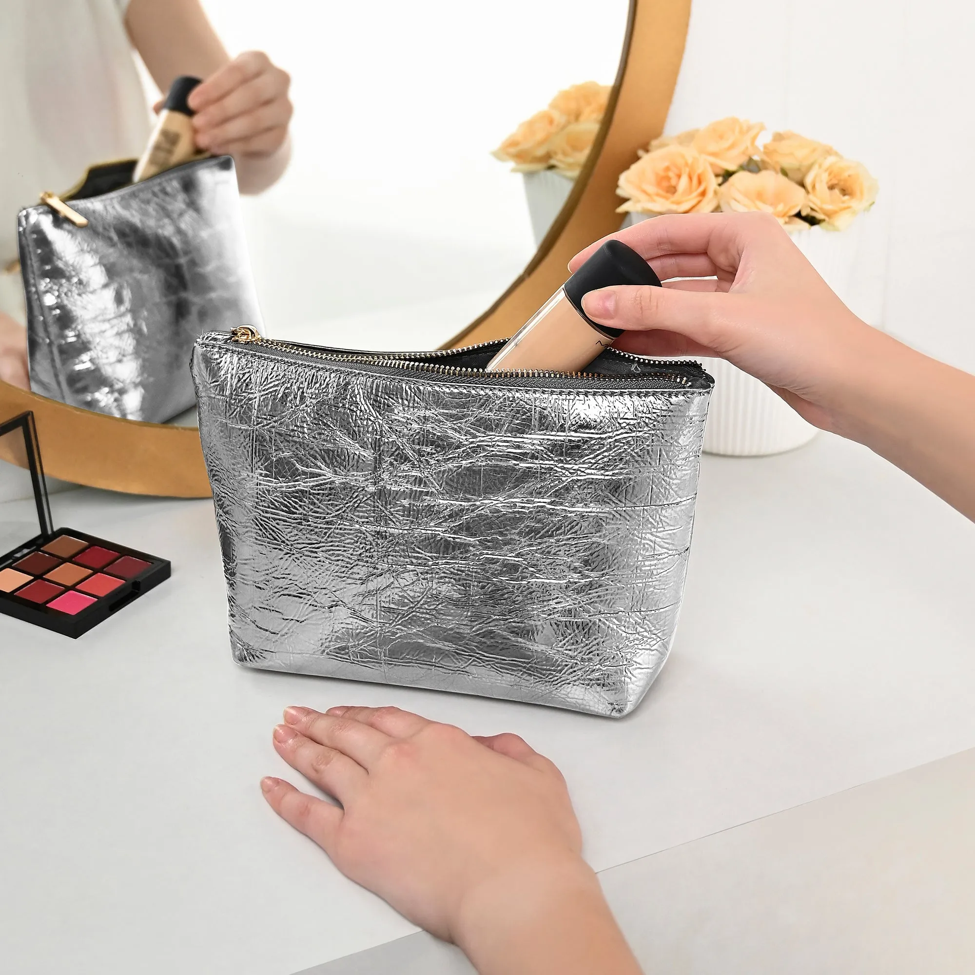 Accessorize London Women's Silver Large Metallic Makeup Bag