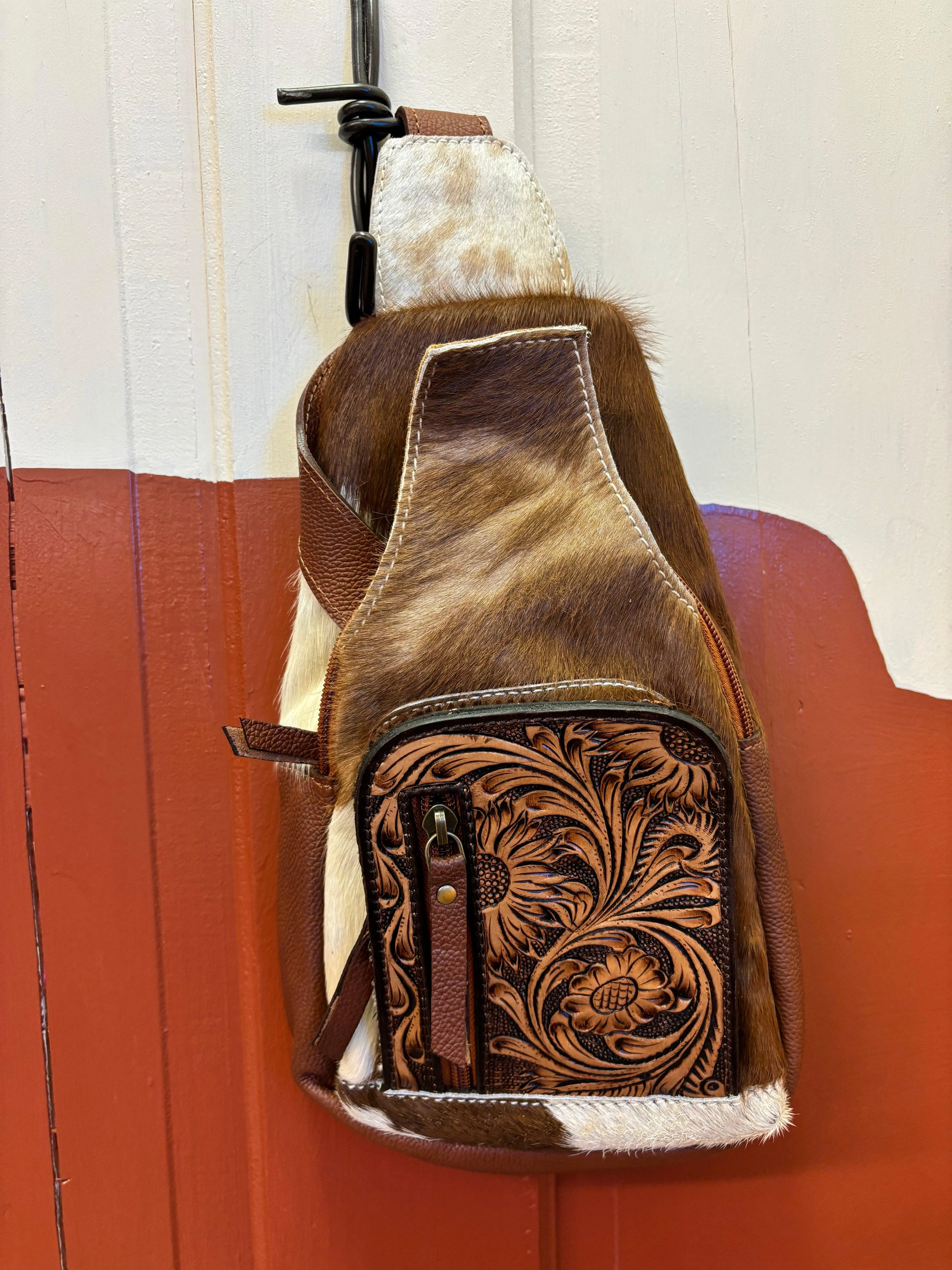 American Darling Genuine Tooled Leather Cowhide Hair-On Sling Crossbody Purse ADBGA580