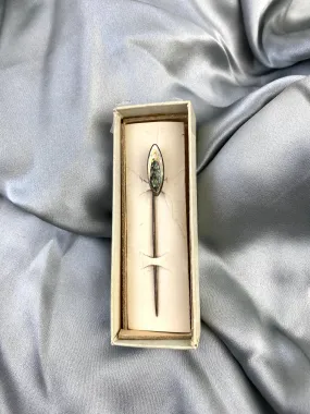 Antique 1910s Marquise-Cut Abalone Shell Silver Stick Hat Pin