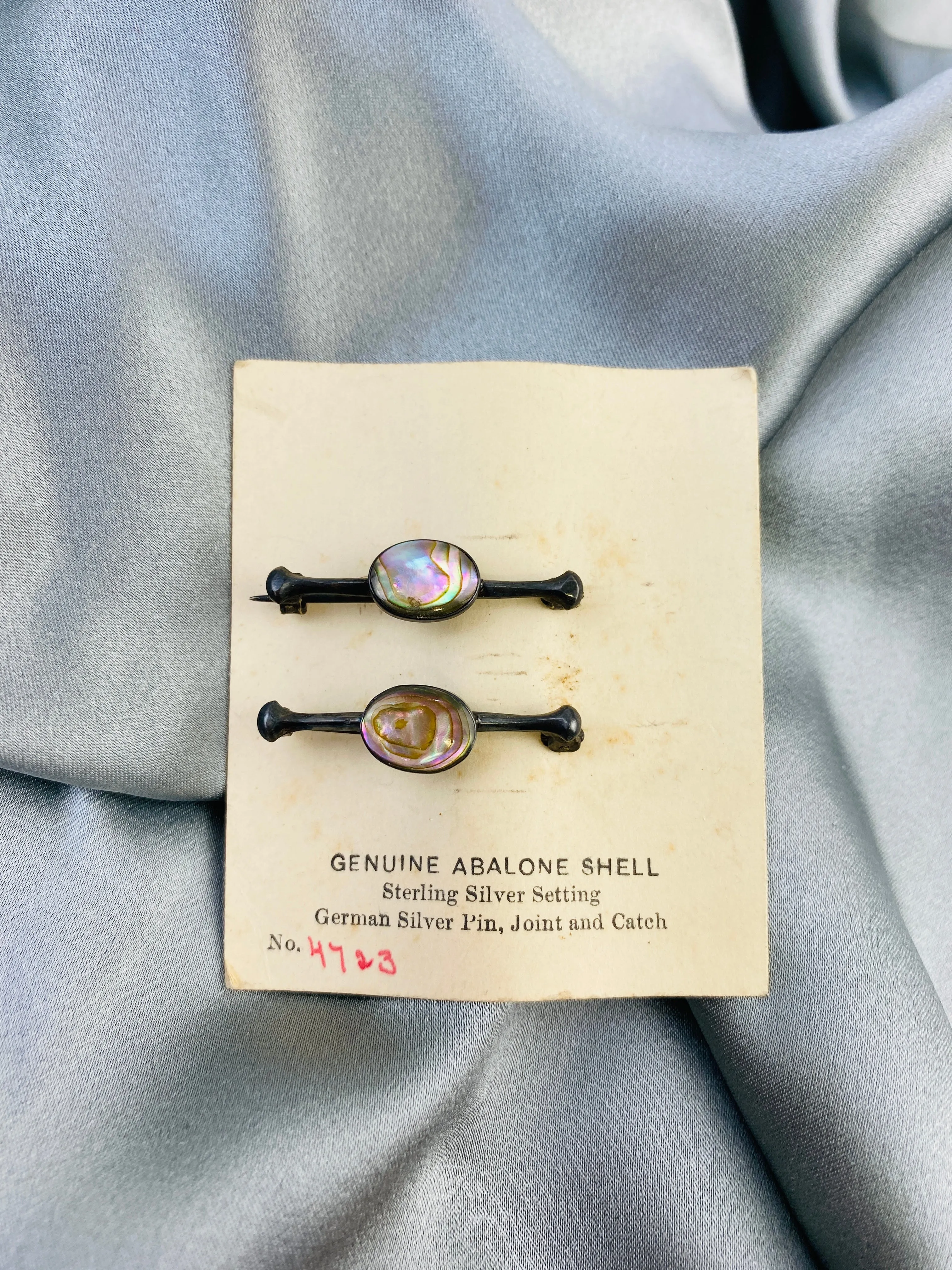 Antique 1910s Silver Oval Abalone Shell Lingerie Pins, NOS