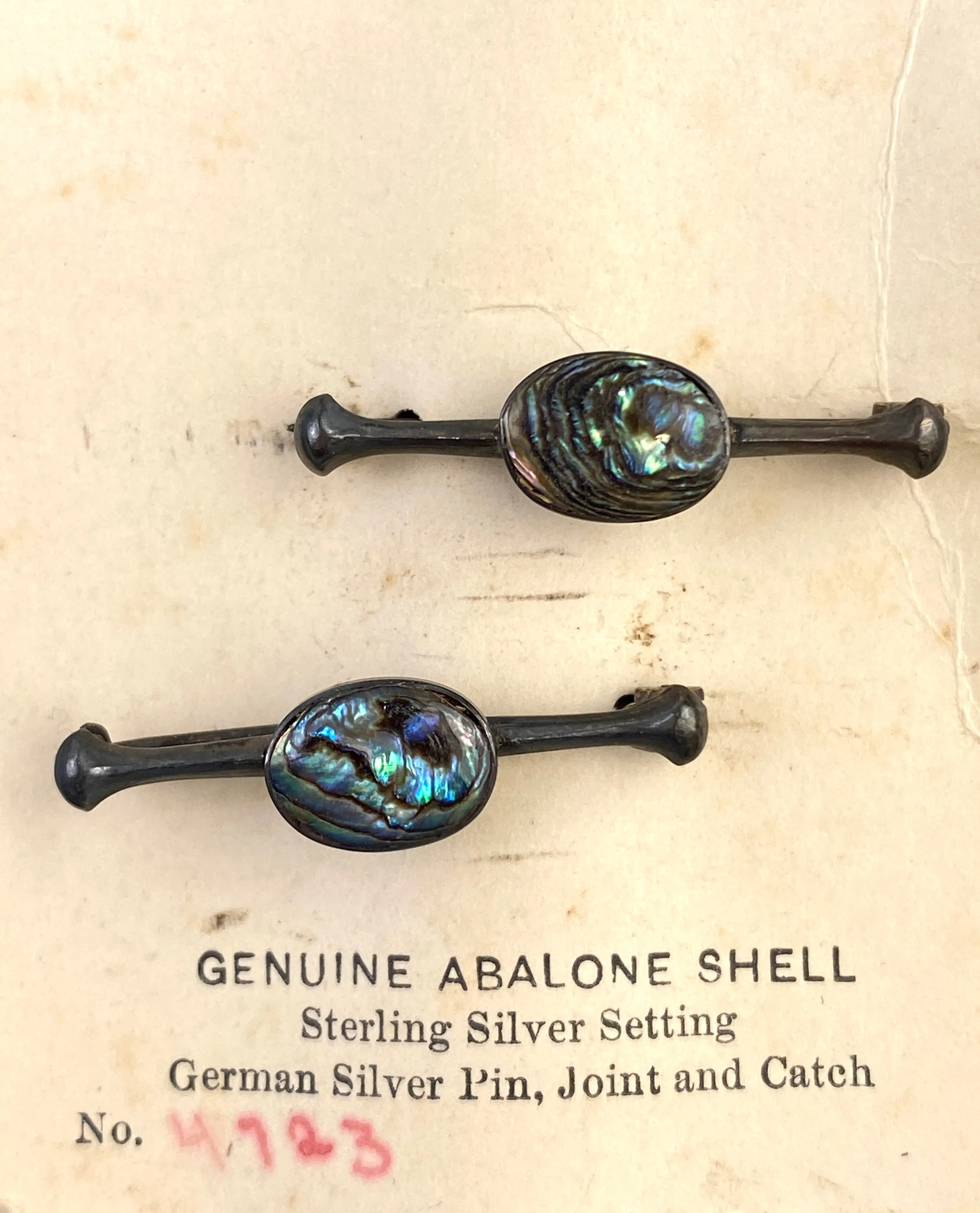 Antique 1910s Silver Oval Abalone Shell Lingerie Pins, NOS