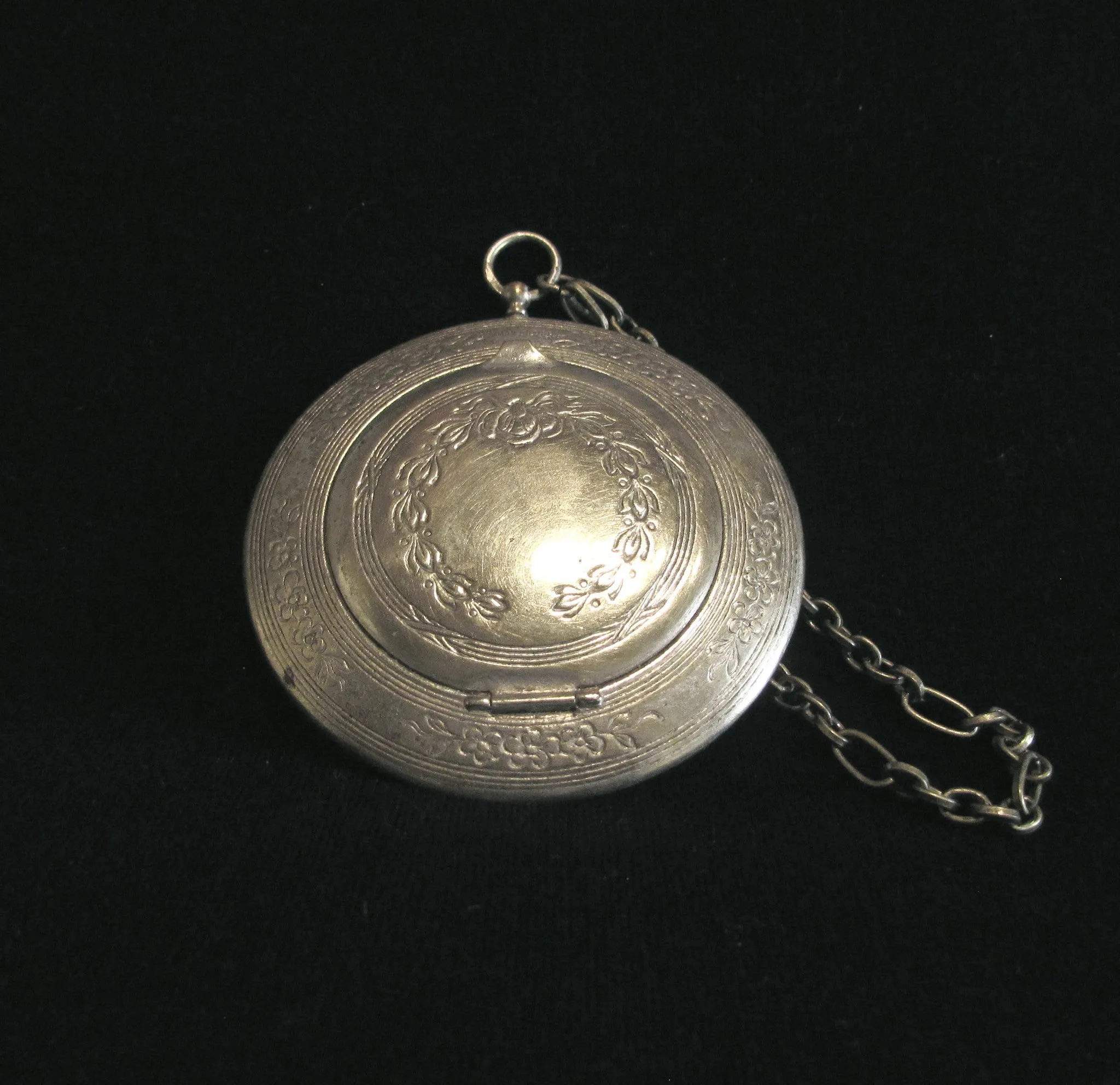 Antique German Silver Compact Wristlet Purse Victorian Mirror Compact With Down Feather Powder Puff