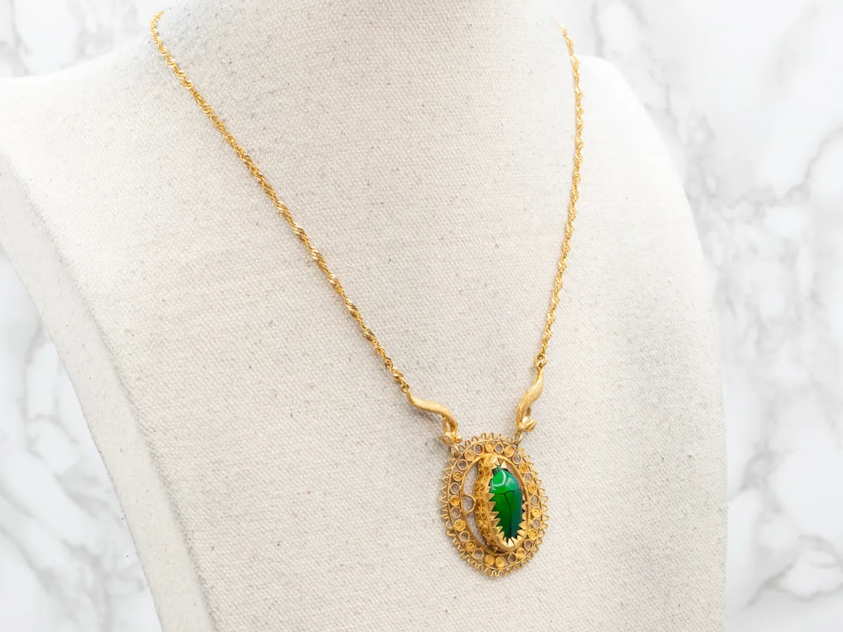 Antique Scarab Beetle Necklace with Rope Chain