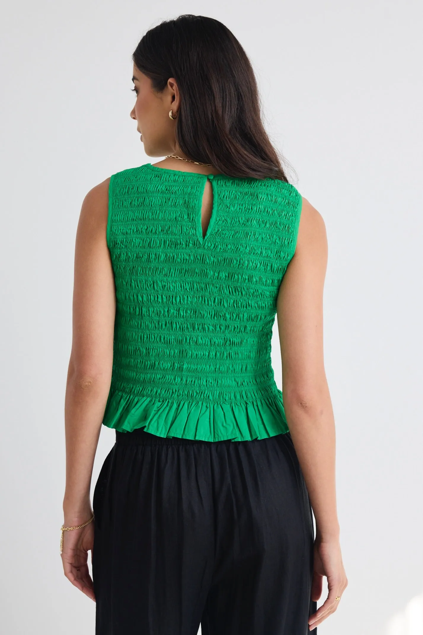 Assertive Meadow Green Shirred Poplin Sleeveless Shell Top