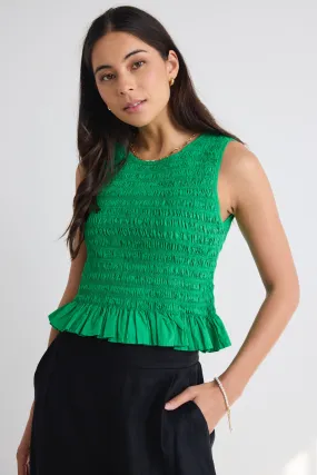 Assertive Meadow Green Shirred Poplin Sleeveless Shell Top