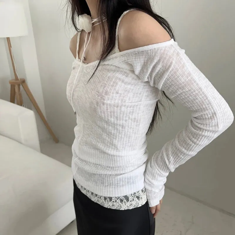 Autumn Korean Fashion White Women T-shirts Long Sleeve Slim Two Pieces Set Girls New Top Folds Basic Clothes Cute