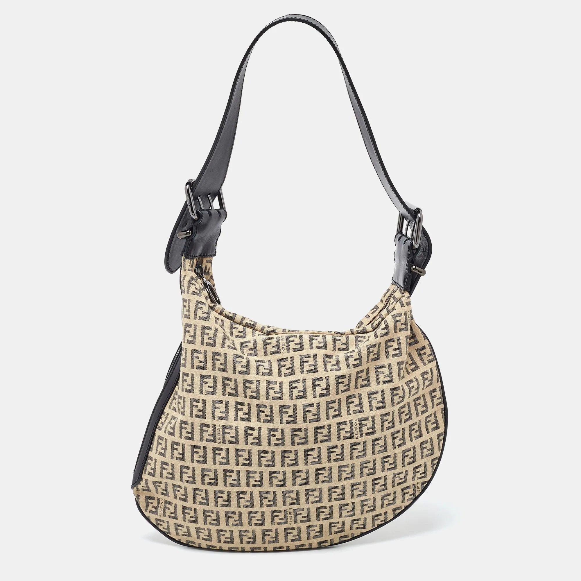 Beige/Black Zucchino Canvas and Leather Oyster Hobo