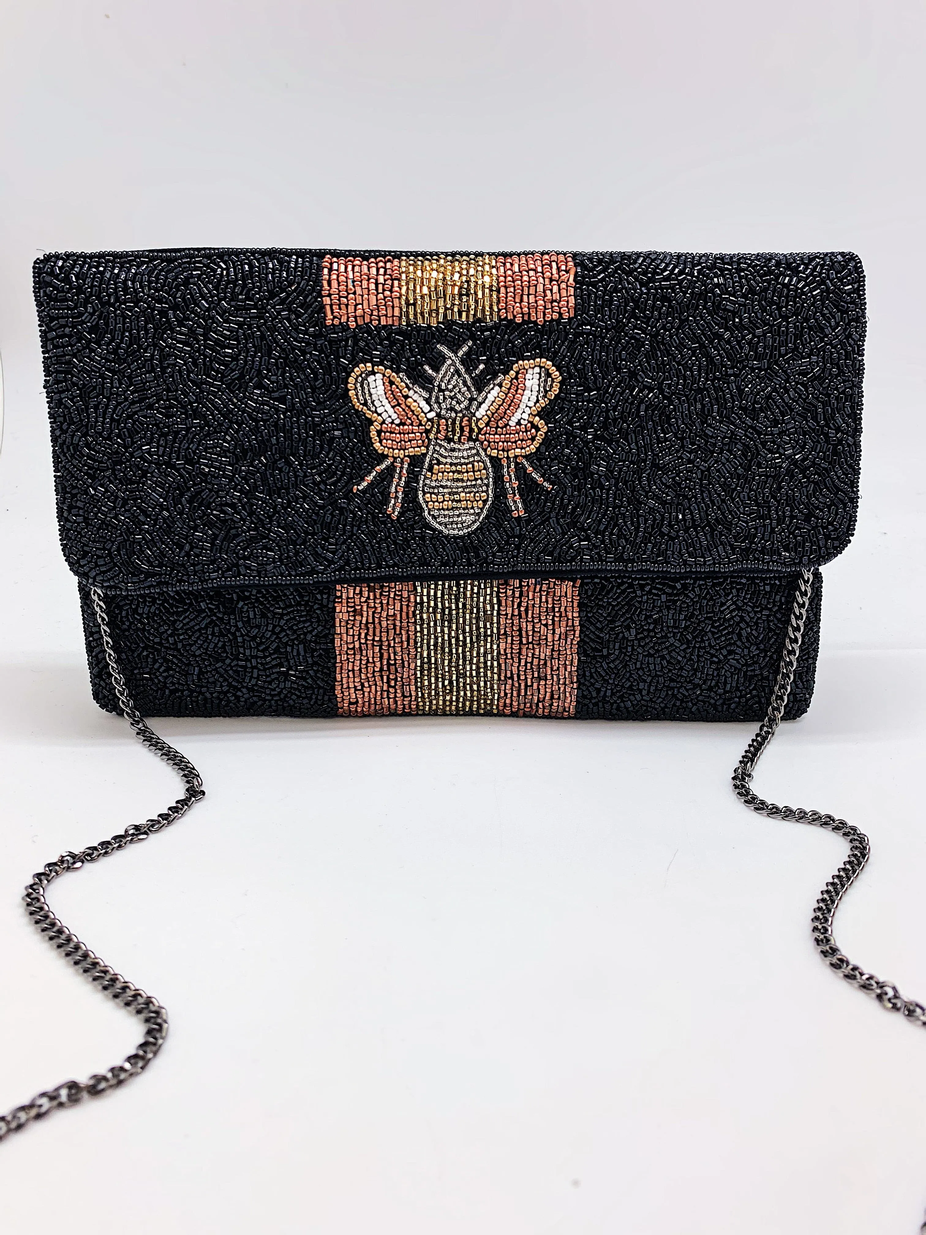 Black & Gold Bee Beaded Clutch