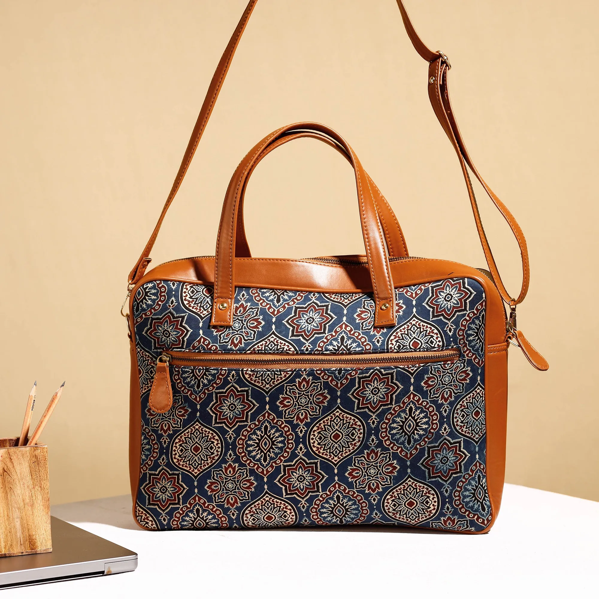 Blue - Handcrafted Ajrakh Block Printed Modal Silk Laptop Bag (15 x 13 in)