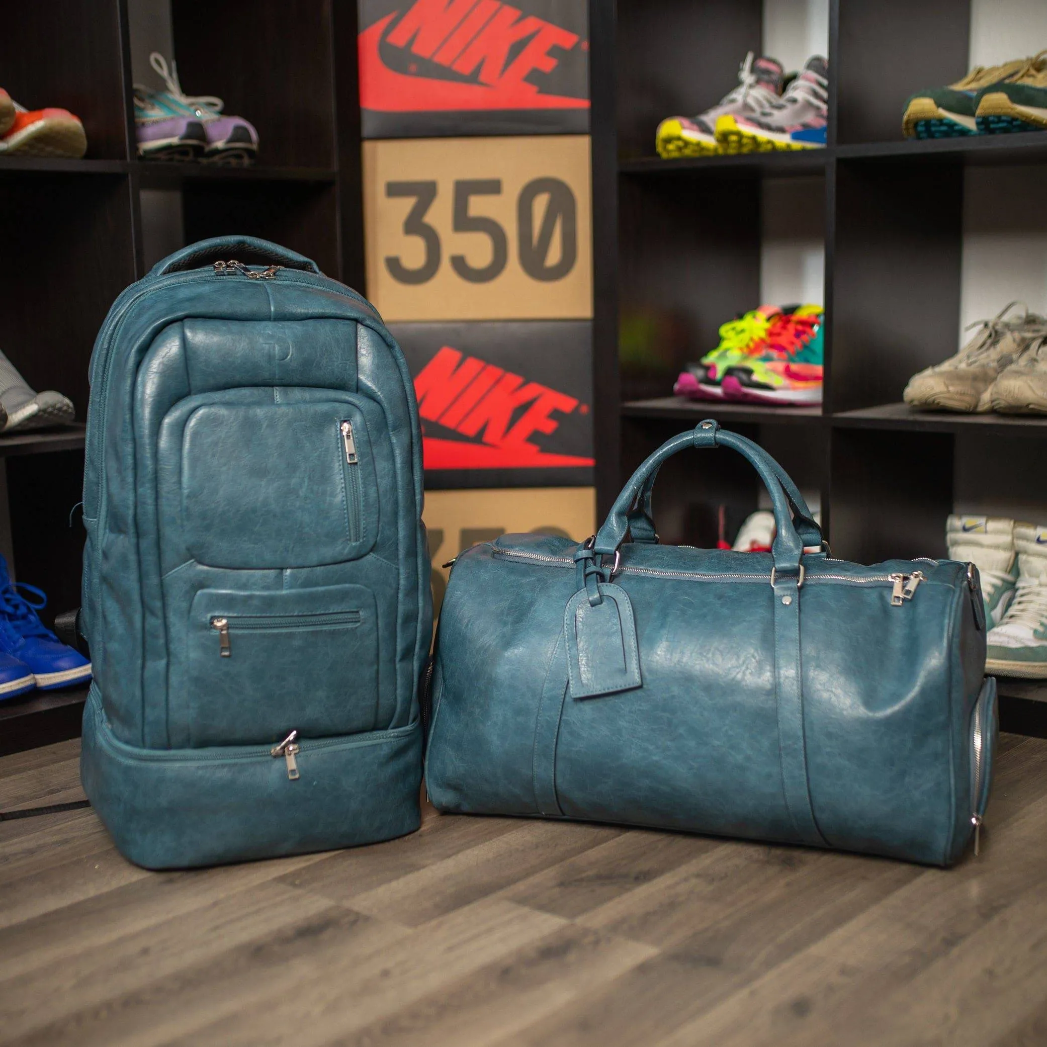 Blue Tumbled Leather Signature Bag Set (Signature and Duffle Bag)