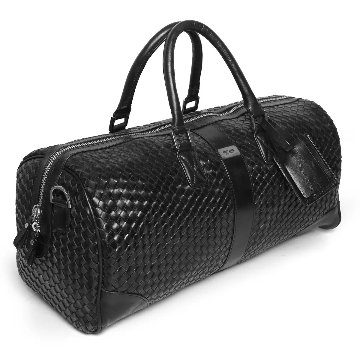 Brune & Bareskin Black Leather Woven Detailed Duffle Bag