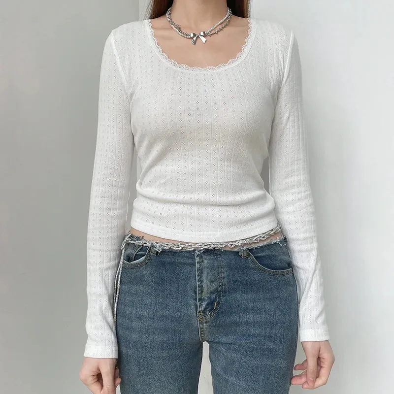 Casual Baisc Chic White Lace Trim Women Tee Shirts Long Sleeve Knit Korean Clothes Slim Top Spring Autumn T-shirt Y2K