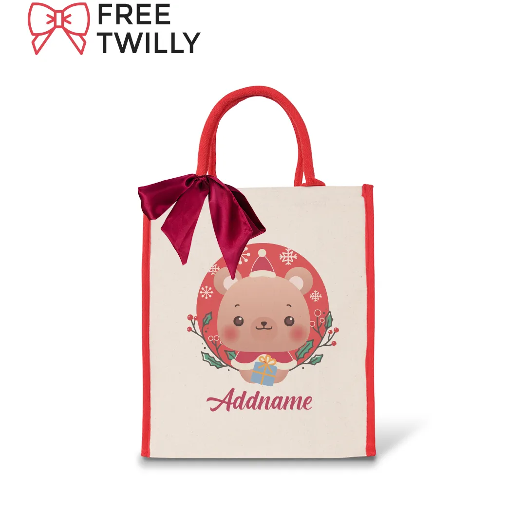 Christmas Cute Animal Series Cute Bear Red Colour Lining Canvas Bag