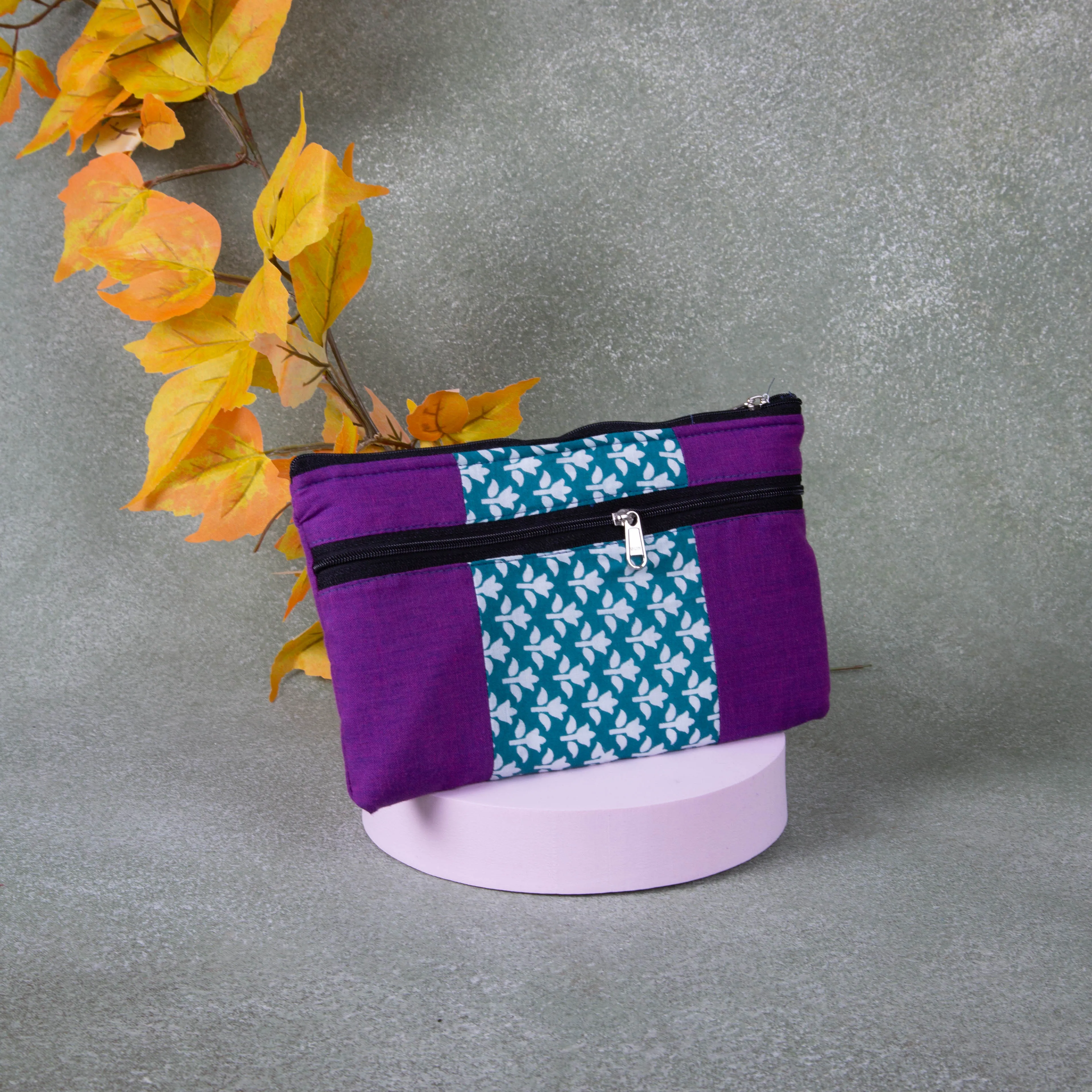 Cotton Multizip Purse Violet with White Small Flower Design.