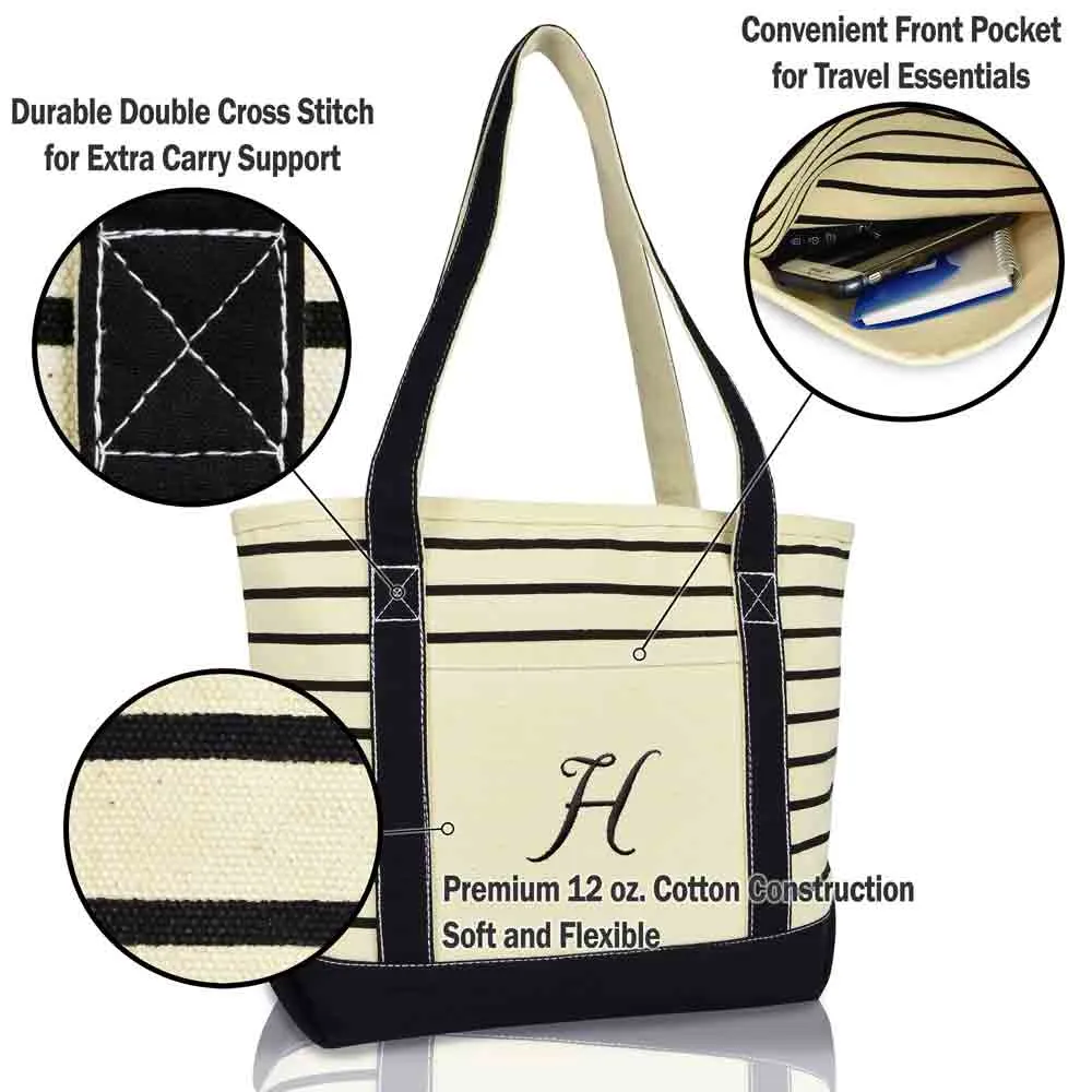 Dalix Striped H-Initial Tote Bag Womens Ballent Letter H