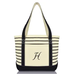 Dalix Striped H-Initial Tote Bag Womens Ballent Letter H