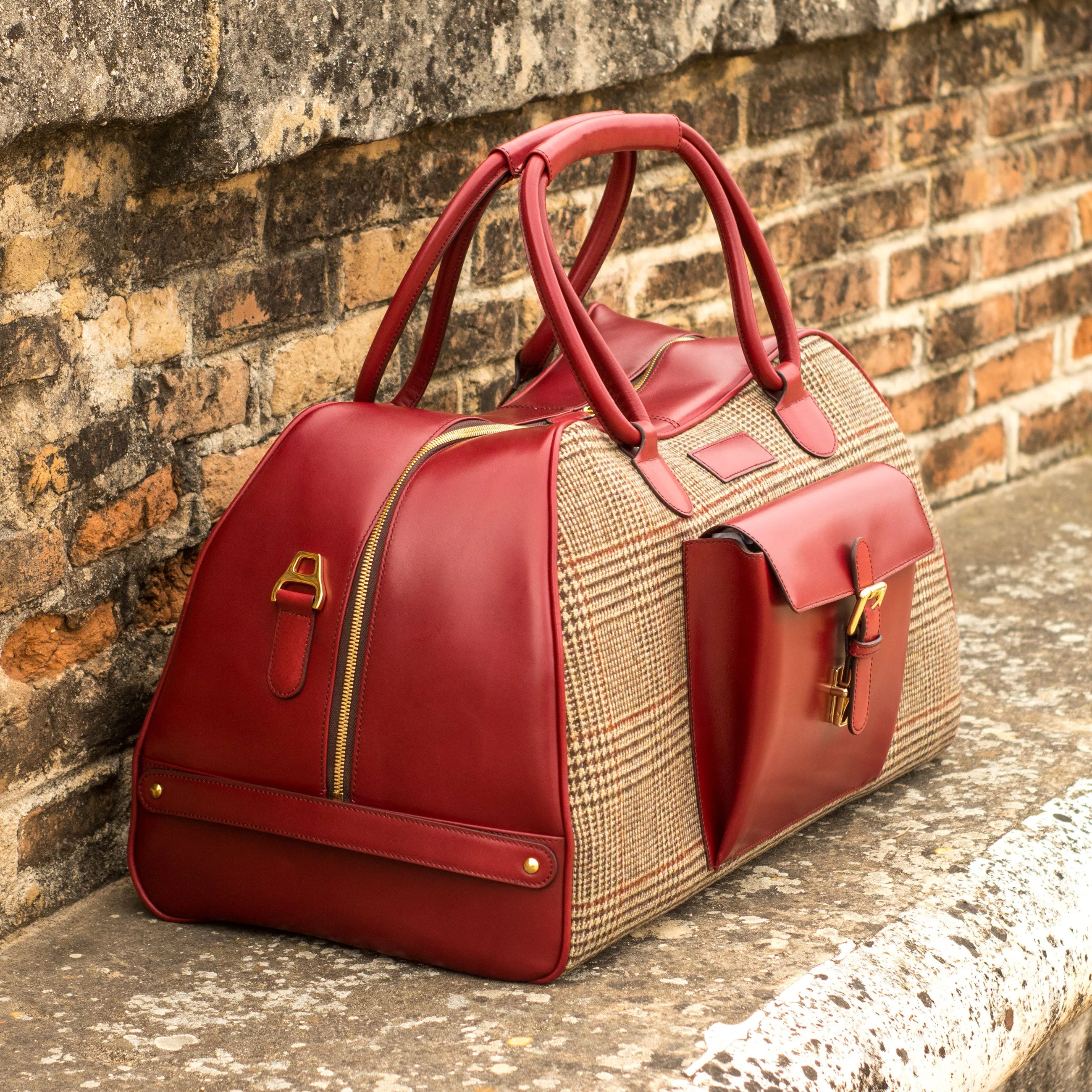 DapperFam Luxe Men's Travel Duffle in Tweed Sartorial & Red Leather