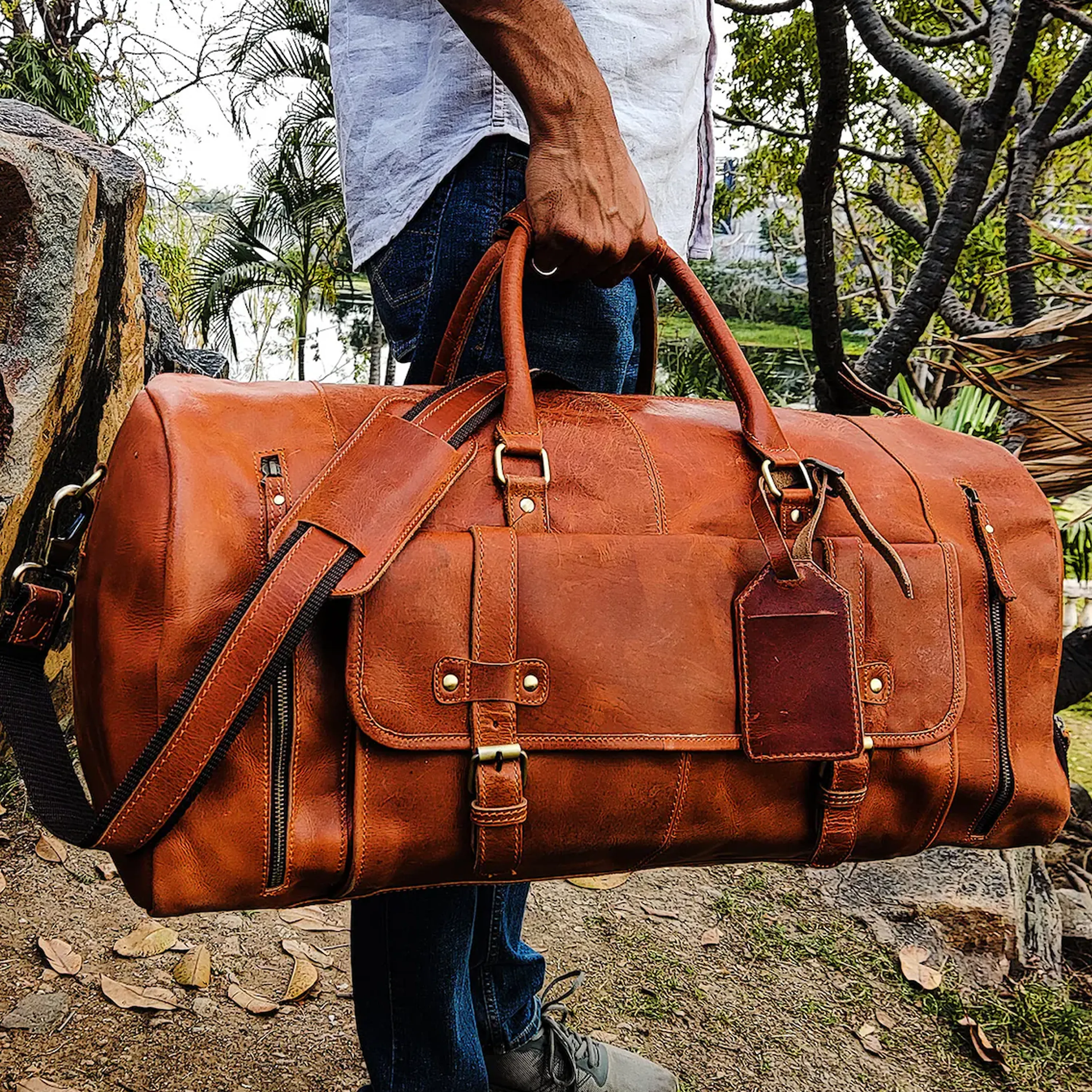 Dazzlo Leather Duffle Bag - Brown (Tan) - 22"/28"