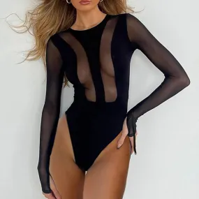 Fashion Club Black Mesh Bodysuit Ladies Spliced See Through Skinny Body Catsuit Party One Piece Jumpsuit Leotard Hot