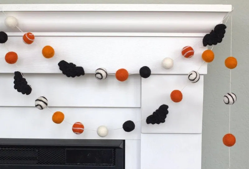 Felt Bat Halloween Garland- Orange & Black, Swirls & Dots