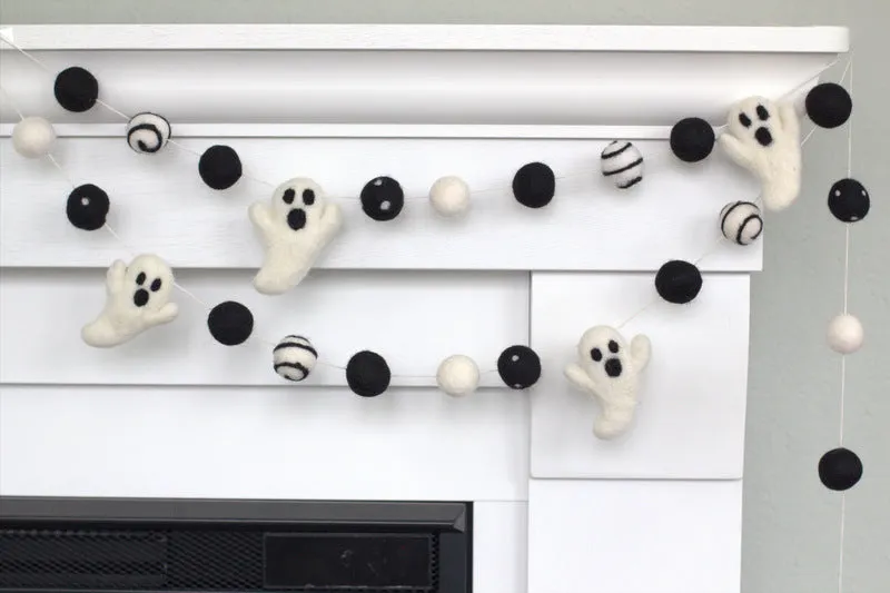 Felt Ghost Halloween Garland- Black & White, Dots & Swirls