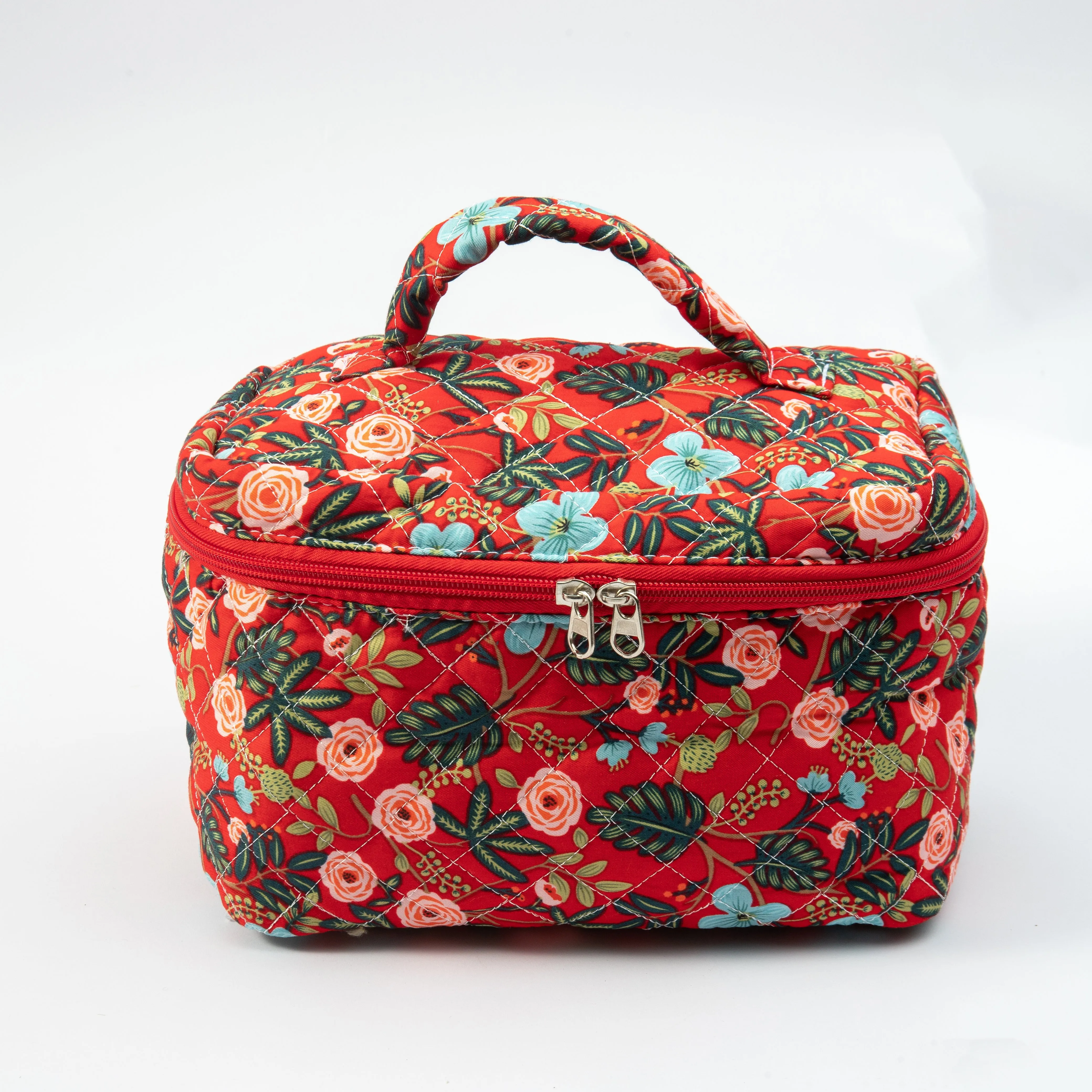 Floral Quilted Makeup Pouch - Travel-Friendly Cosmetic Bag