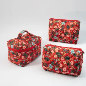 Floral Quilted Makeup Pouch - Travel-Friendly Cosmetic Bag