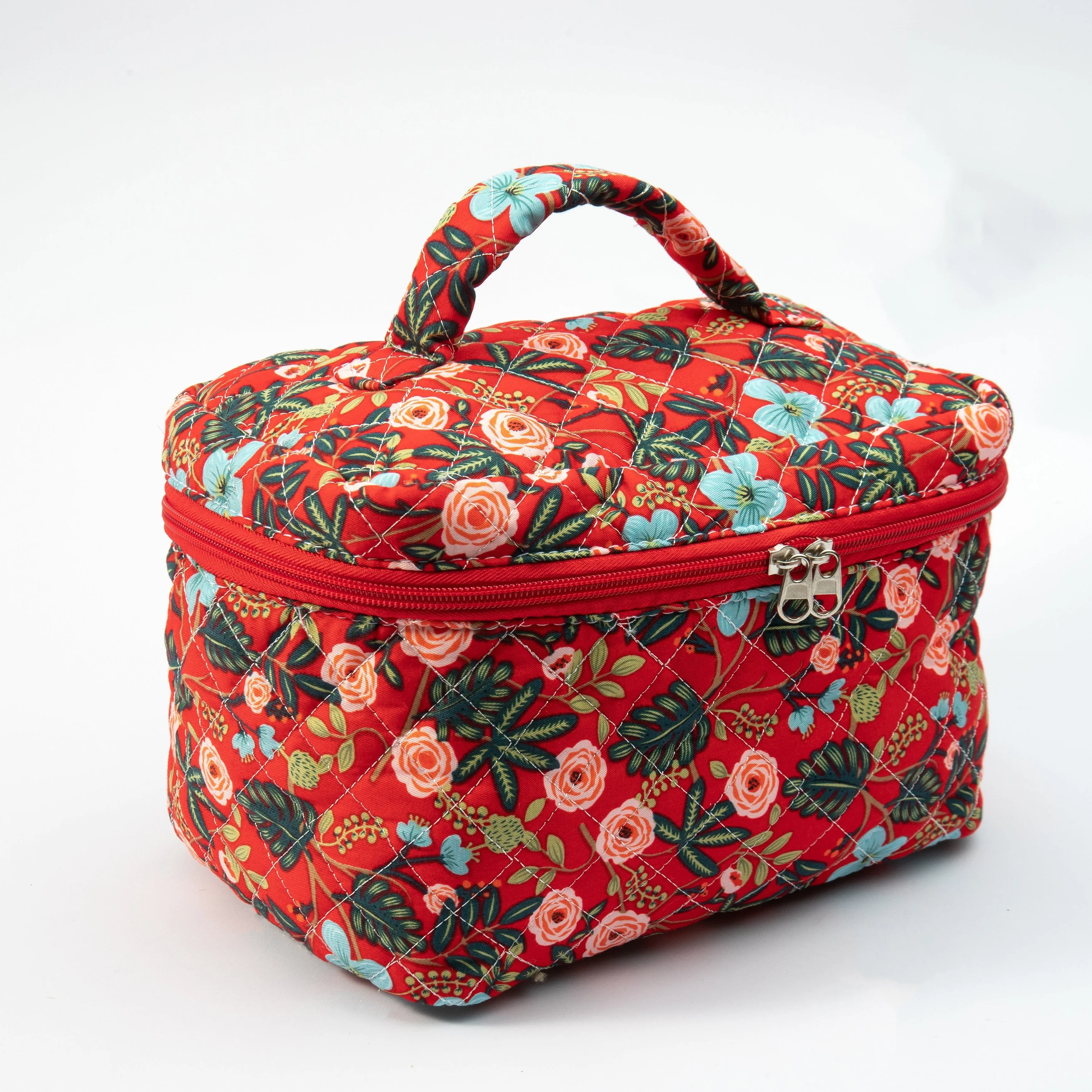 Floral Quilted Makeup Pouch - Travel-Friendly Cosmetic Bag