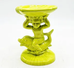 Fun 1960s rare citron green colored boy on dolphin holding a shell decorative soap dish