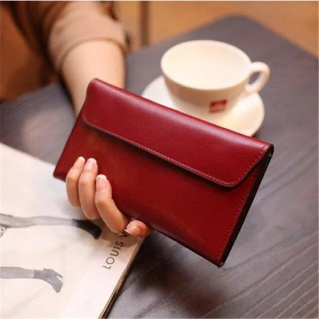 Genuine Leather Women Long Wallet With Magnetic Closure