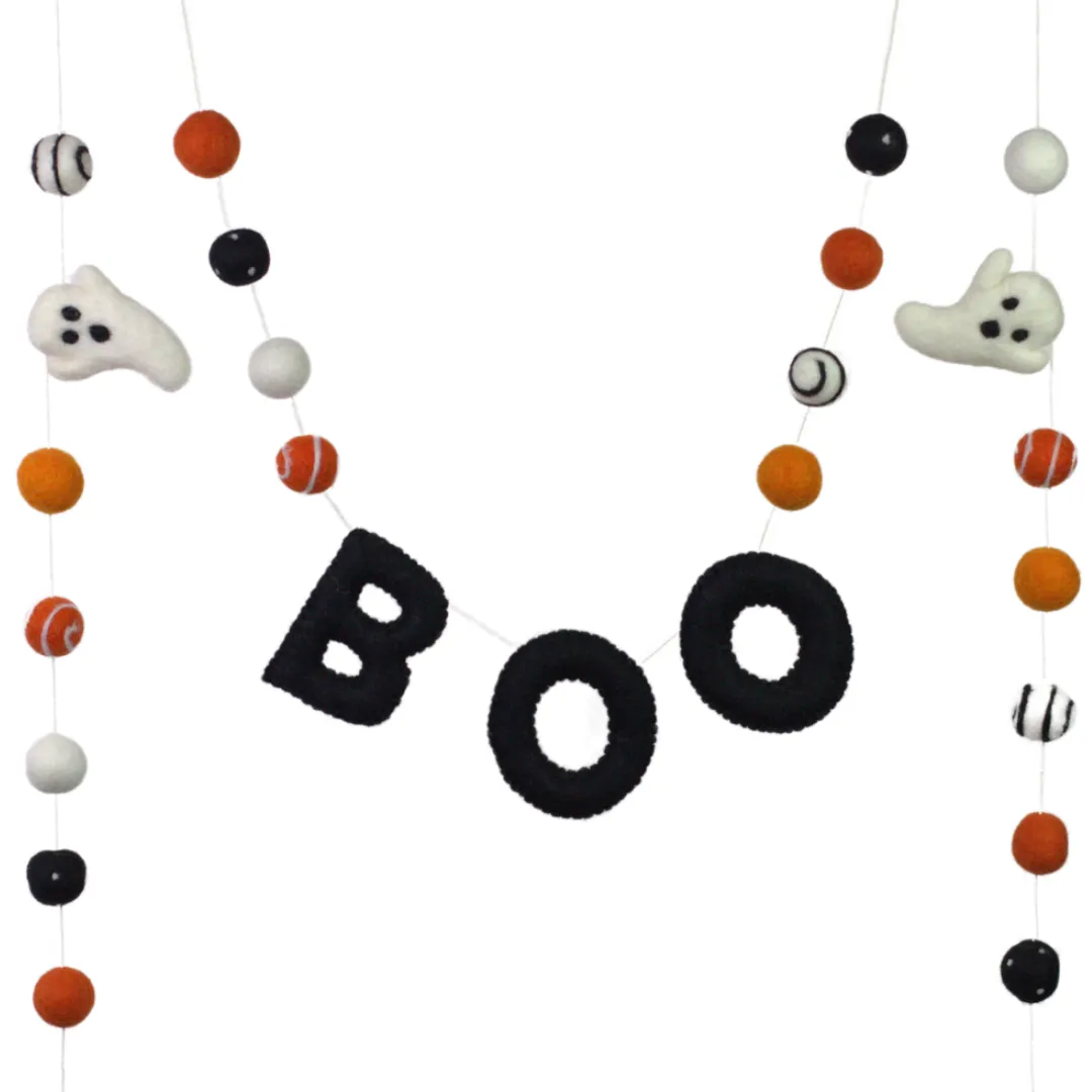 Ghost BOO Halloween Felt Garland- Orange & Black Swirls & Dots