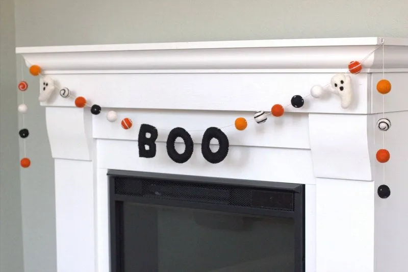 Ghost BOO Halloween Felt Garland- Orange & Black Swirls & Dots