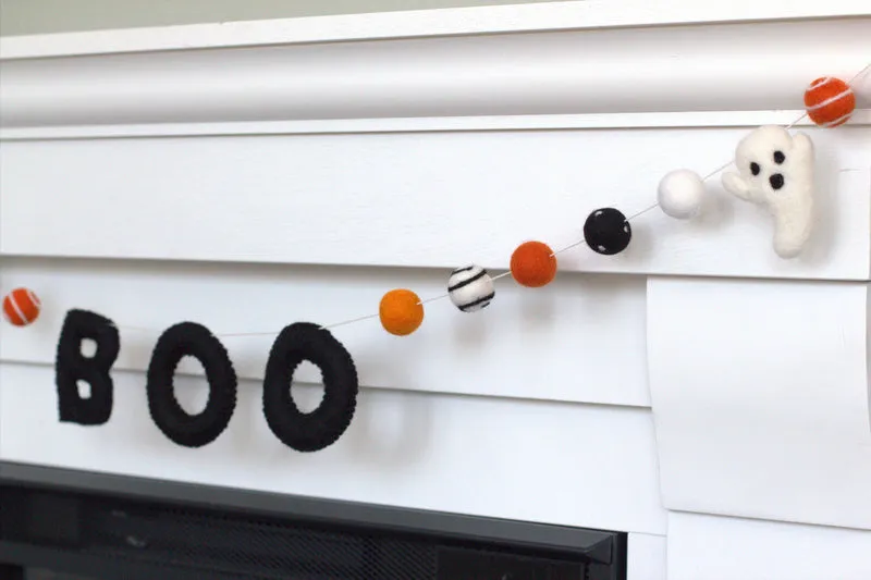 Ghost BOO Halloween Felt Garland- Orange & Black Swirls & Dots