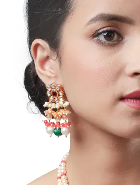 Golden, Green and Red Kundan Polki, Shell Pearls Earrings