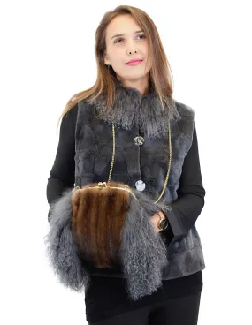 GRAY MONGOLIAN LAMB & MAHOGANY MINK FUR MUFF PURSE, BAG