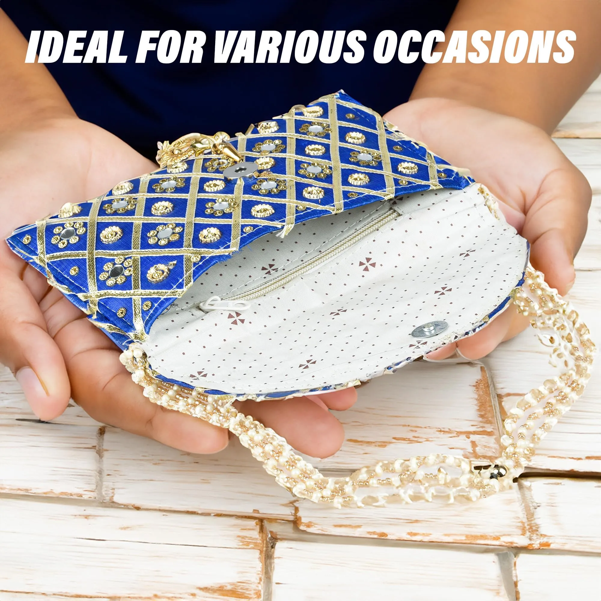 Heart Home Clutch Purse | Hand Purse | Ladies Hand Purse with Handle | Traditional Shagun Purse | Baby Shower Purse | Gifting Clutch Purse | Mirror Check Purse | Blue