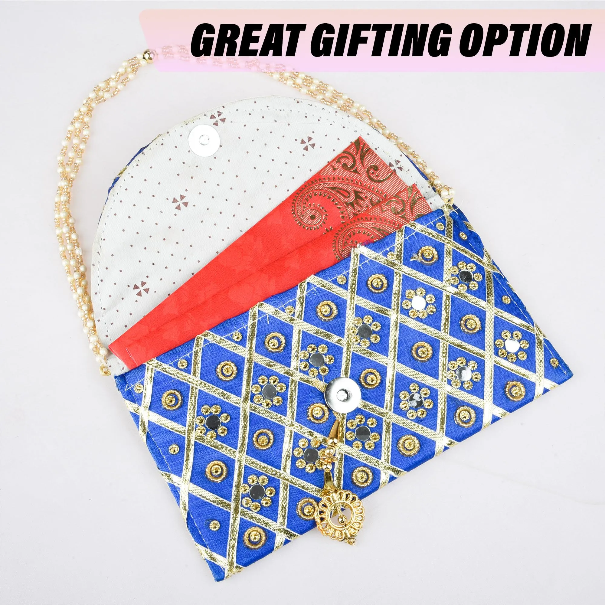 Heart Home Clutch Purse | Hand Purse | Ladies Hand Purse with Handle | Traditional Shagun Purse | Baby Shower Purse | Gifting Clutch Purse | Mirror Check Purse | Blue