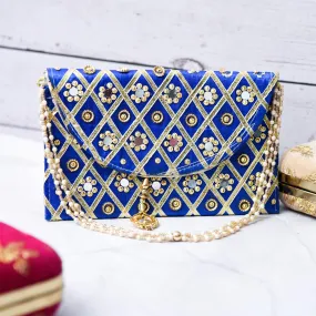 Heart Home Clutch Purse | Hand Purse | Ladies Hand Purse with Handle | Traditional Shagun Purse | Baby Shower Purse | Gifting Clutch Purse | Mirror Check Purse | Blue