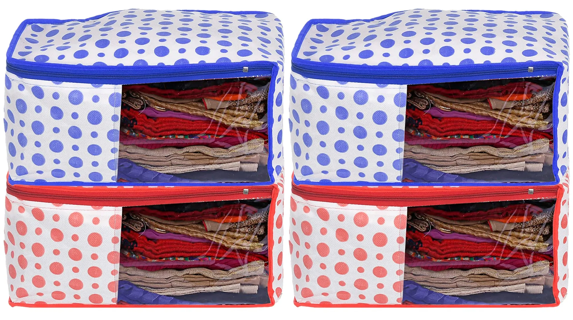 Heart Home Dot Printed Non-Woven Blouse Cover, Cloth Organizer, Wardrobe Organiser With Tranasparent Window- Pack of 4 (Blue & Pink)-46HH0314