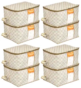 Heart Home Metalic Checkered Print Non Woven 8 Pieces Underbed Storage Bag,Cloth Organiser,Blanket Cover with Transparent Window (Ivory)-HHEART16591