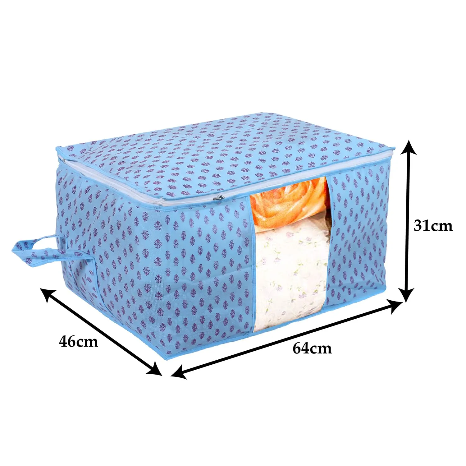 Heart Home Non-Woven Floral Print Underbed|Blanket Cover With Transparent Window, Zippered & Handle, Pack of 2 (Sky Blue)