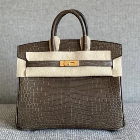 Hermès Birkin 25 Gris Elephant Crocodile Porosus Matte Gold Hardware GHW