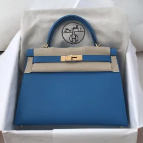 Hermès Kelly 28 Bleu Frida Sellier Veau Madame Gold Hardware GHW